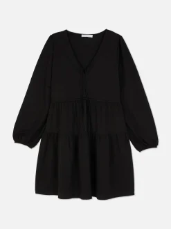 Mini Robe à Smocks Avec Col En V Et Liens à Nouer