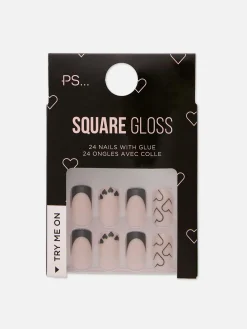 PS... Faux Ongles Carrés Brillants Avec Cœurs