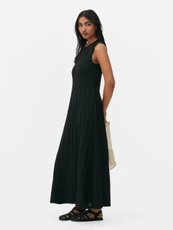 Robe Longue Texturée Sans Manches à Rayures